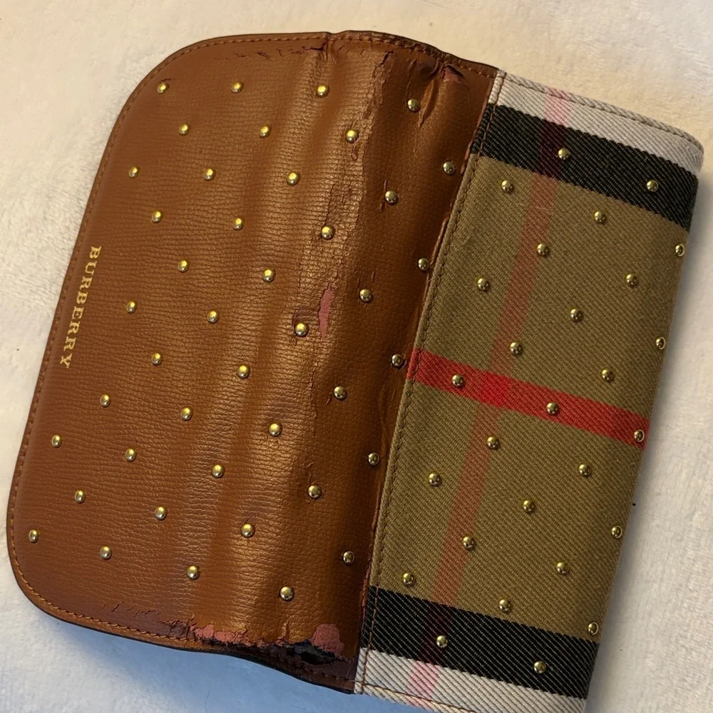 Burberry Brown Leather Studded Continental Wallet with Nova Check Trim